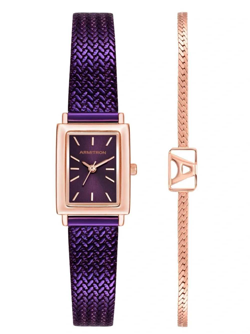 Armitron Purple Dial and Rose Gold-Tone Rectangular Watch Set